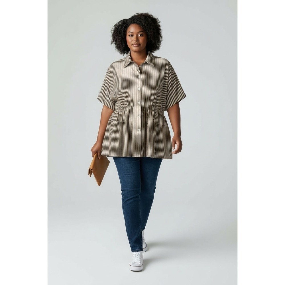 Tanka Neo Striped Peplum Button Up‎ Shirt Womens Short Sleeve Brown White SZ XL